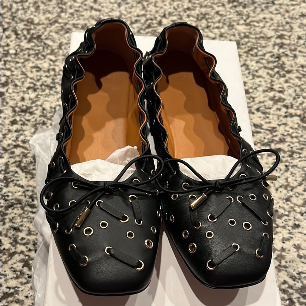 Chloe Black Flats with Scalloped Edge and Studded Detail